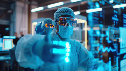 Image of the R&D center with portrait of engineers wearing protective glasses researching a new energy source