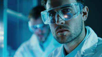 Image of the R&D center with portrait of engineers wearing protective glasses researching a new energy source