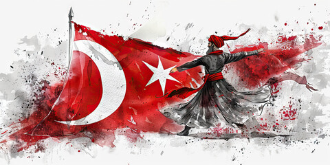 Turkish Flag with a Whirling Dervish and a Carpet Weaver - Imagine the Turkish flag with a whirling dervish representing the mystical Sufi tradition, and a carpet weaver