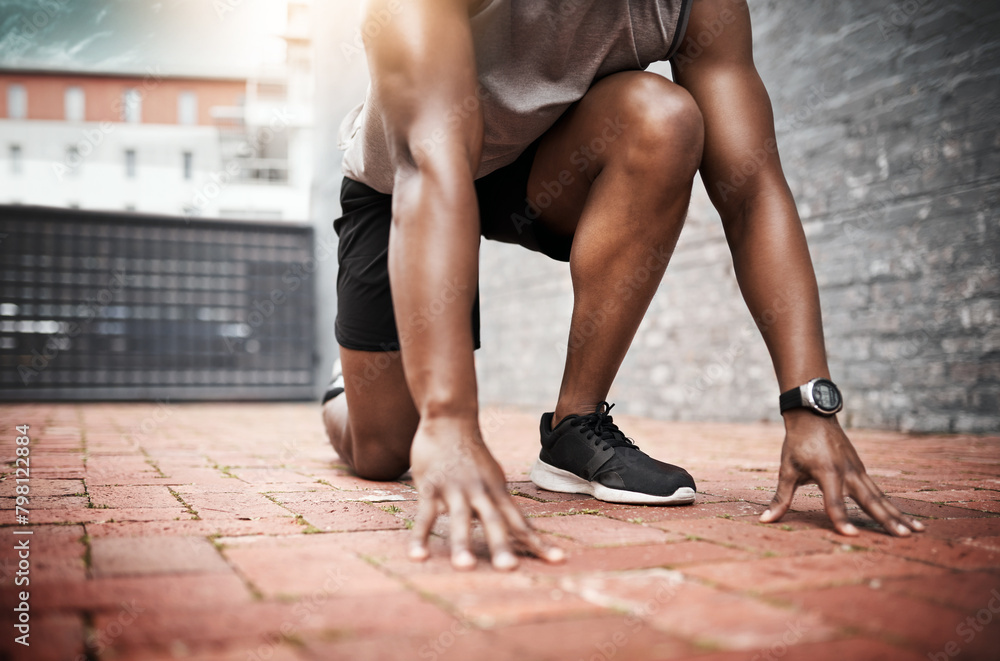 Poster Fitness, start and black man ready for race, cardio workout or running competition in city. Sports, lens flare and runner athlete in outdoor for sprint exercise, marathon training or speed challenge