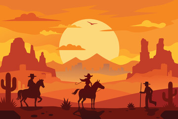 Flat western background landscape cowboys in desert horse and girl silhouette vector