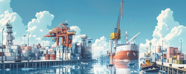 Container terminal with cranes loading ships. Digital illustration of shipping industry