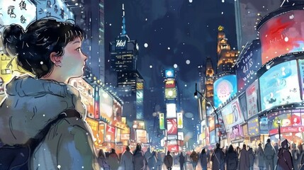 A girl standing in the middle of Time Square looking up at the billboards. It's snowing and the city is crowded with people.