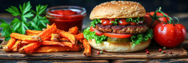 Gourmet Beef Burger with Crispy Sweet Potato Fries and Fresh Vegetables - Powered by Adobe