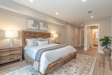 b'Wood Platform Bed in a Modern Bedroom'