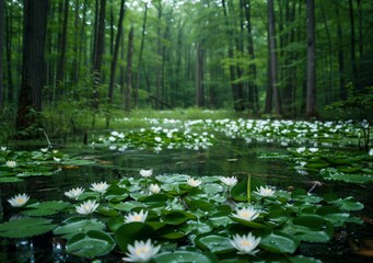 Mystical and enchanting forest pond with blooming white water lilies