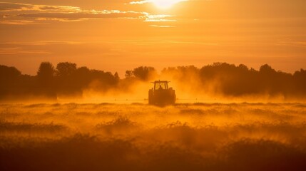 b'Tractor spraying pesticides in a golden field at sunset'