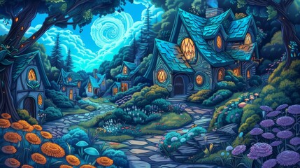 A path through a village of blue mushroom houses in a moonlit forest