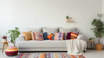 Fototapeta premium b'A living room with a sofa, rug, plants, and pillows'