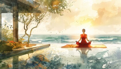 A woman in red dress is meditating on the beach during the sunset. The sky is orange and the water is calm. The woman is sitting on a yoga mat and has her eyes closed. She is wearing a red dress and h