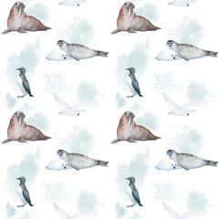Watercolor seamless pattern with illustration of arctic sea animals seal, white seagull, walrus, on abstract blue and white background. For children's things, wallpaper