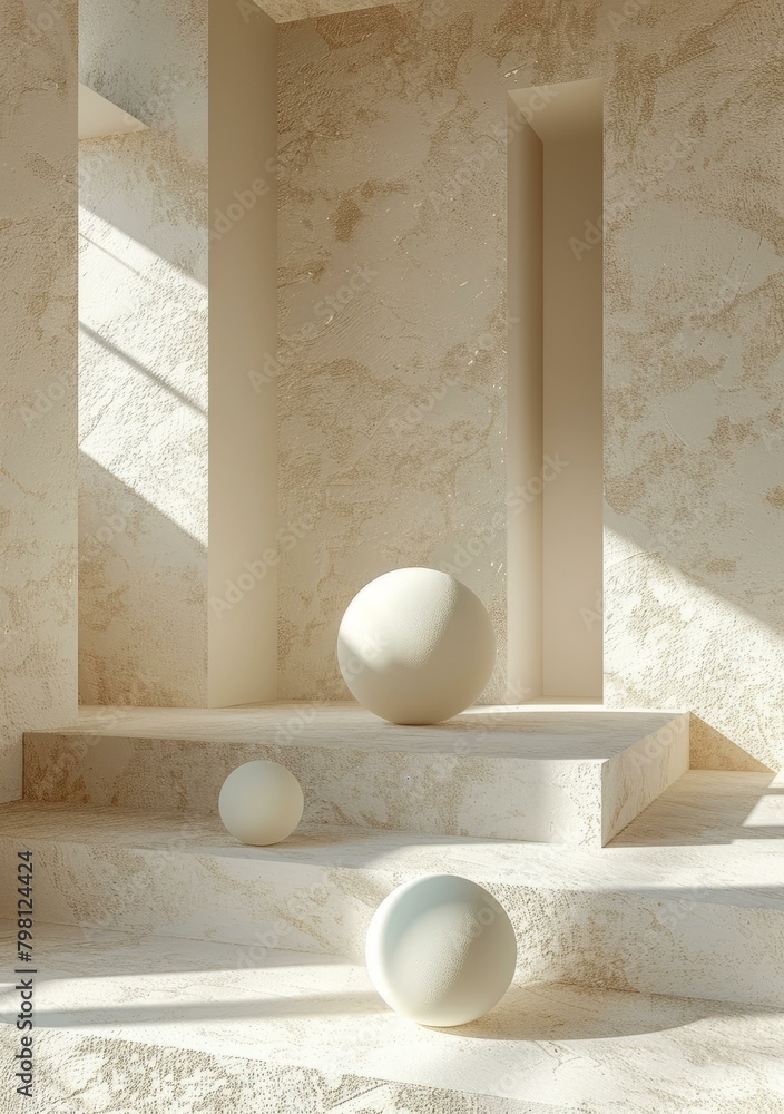 Poster b'3d rendering of a podium with three spheres'