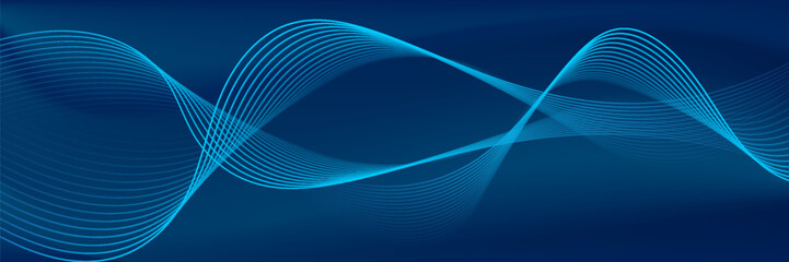 Abstract blue background with glowing wave. Shiny blue moving lines design element. Modern smooth wavy lines. Futuristic concept. Suit for banner, brochure, cover, website, corporate, flyer