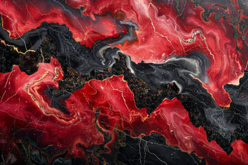 Vibrant Red and Black Abstract Marble Texture with Golden Veins