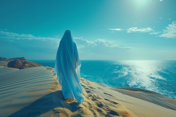 b'A woman in a white dress standing on a sand dune overlooking the ocean'