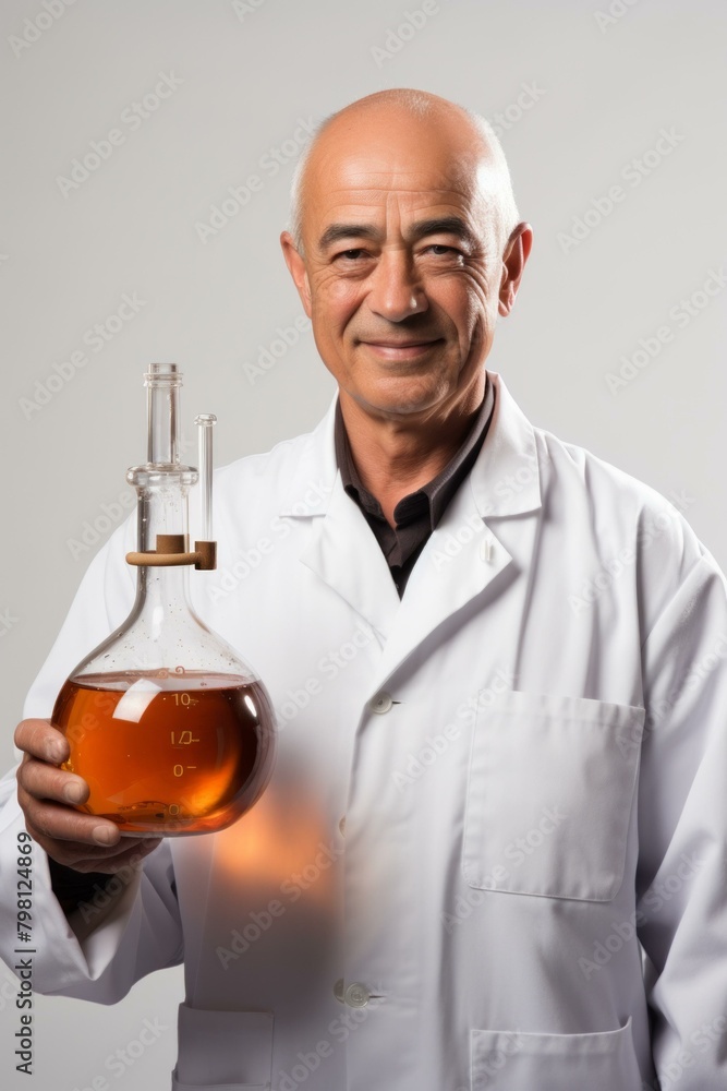 Poster b'bald scientist holding a large round bottom flask'