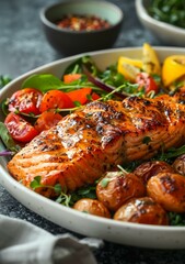Fototapeta premium b'Grilled Honey Garlic Salmon with Roasted Potatoes and Salad'