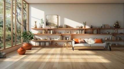b'A bookshelf in a modern living room'