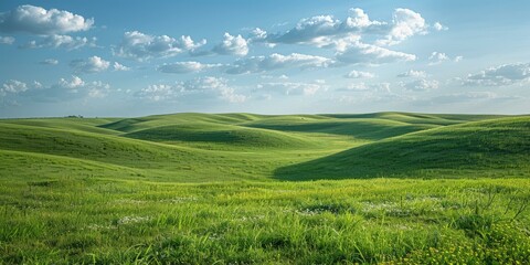 Obraz premium b'Vast green rolling hills under blue sky and white clouds'