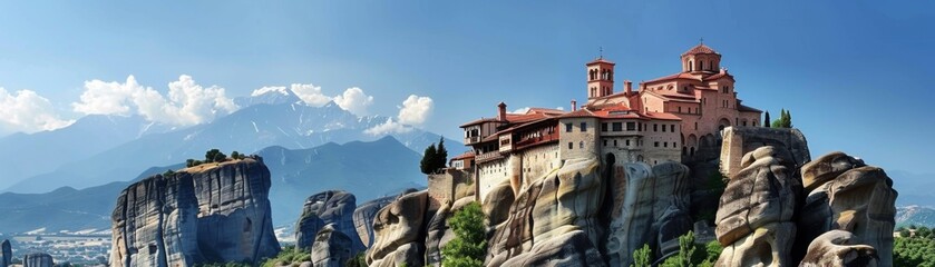 The image shows a beautiful landscape of Greece with a mountain range in the background and a monastery on top of a rock.