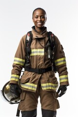 Fototapeta premium b'Studio portrait of a smiling African-American female firefighter in protective gear and holding a helmet'