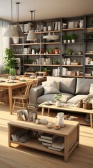 b'A cozy living room with a large bookshelf and a dining table'