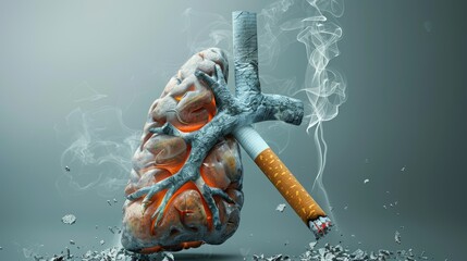 Human heart being squeezed by a cigarette concept. Smoking and cardiovascular health risk theme for educational materials and health campaigns - obrazy, fototapety, plakaty