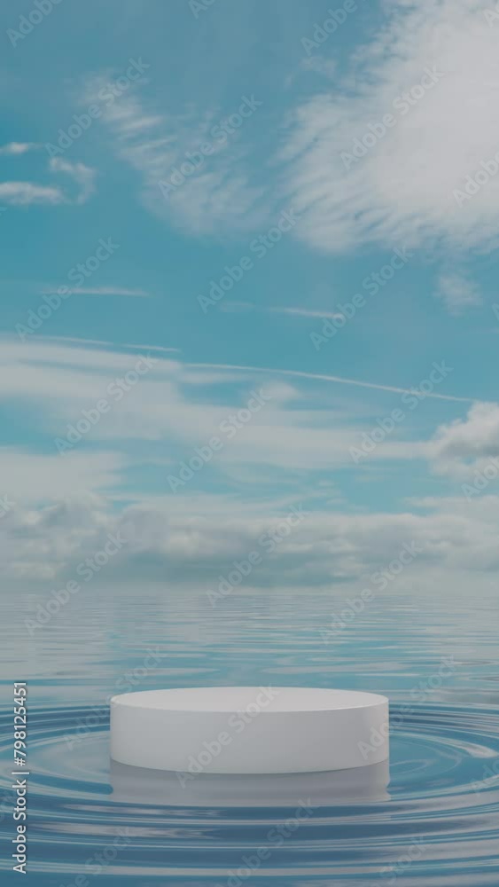 Poster water waves, cloudy skies, and a beautiful sunset. an empty pedestal in 3d. a commercial product dis