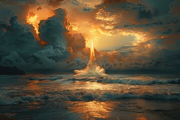 Fototapeta premium b'Rocket launch from a stormy sea'