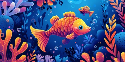 b'Two goldfish are swimming in a colorful underwater world.'