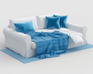 White couch with blue pillows and blanket on a blue carpet