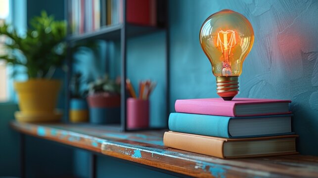 Colorful lightbulb brain with books and stationery, education concept