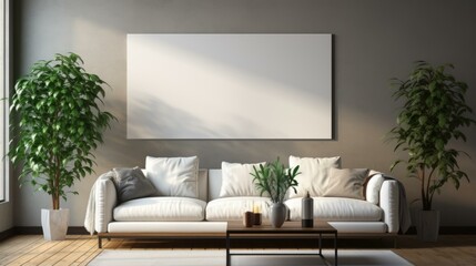 b'A sofa in a living room with a blank frame on the wall'