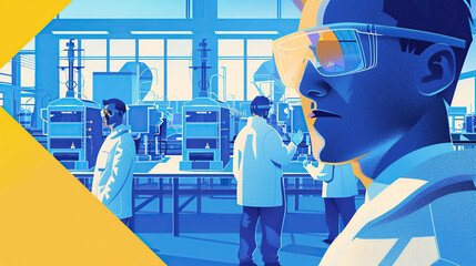 Image of the R&D center with portrait of engineers wearing protective glasses researching a new energy source