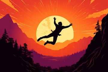 b'Man jumping over a cliff with a beautiful sunset in the background'