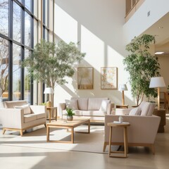 b'Elegant living room interior with large windows and plants'