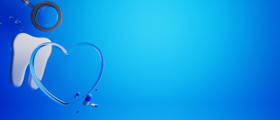 3d object illustration for dentist tooth with tools of medical health care for dental clinic hospital bussiness