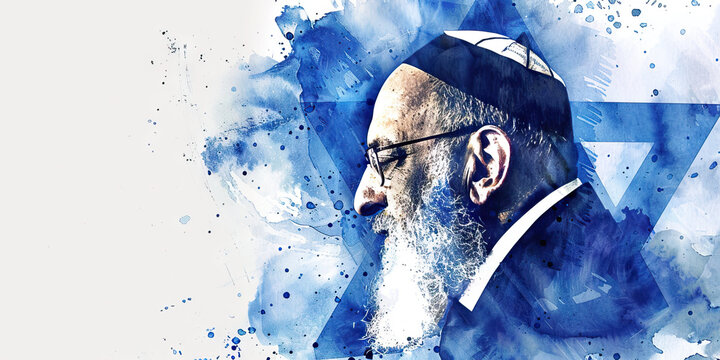 The Israeli Flag with a Rabbi and a Technological Innovator - Picture the Israeli flag with a rabbi representing Judaism and Israeli culture, and a technological innovator symbolizing Israel's advance