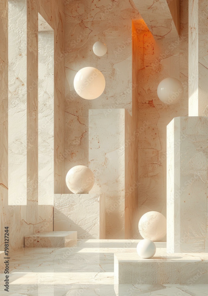 Poster b'3d rendering of a room with podiums and spheres'
