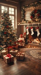 b'Christmas tree in a living room with fireplace and presents under the tree'