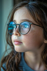 Thoughtful Girl with Freckles and Glasses Looking Out Window