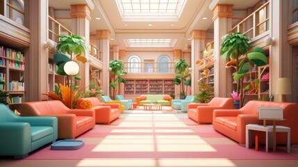 Fototapeta premium b'A library with pink and blue couches and green plants'