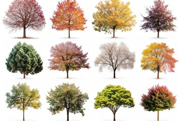 b'A collection of various types of trees with different leaf colors.'