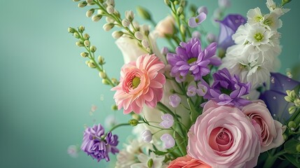 Celebrate Mother s Day Spring Summer and beyond with a delightful display of pink purple and white flowers against a soft pastel green backdrop This nature inspired flying flower arrangemen - Powered by Adobe