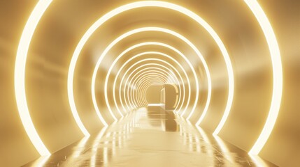 light in the tunnel, 3D rendering golden light tunnel with futuristic white neon lights, mall...