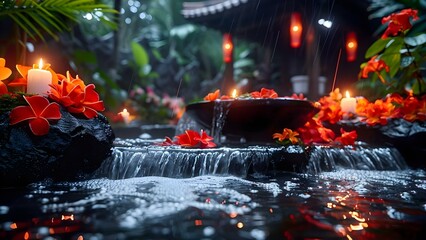 Spa garden with flowing water candles flowers massage and relaxation ambiance. Concept Spa Garden, Flowing Water, Candles, Flowers, Massage, Relaxation Ambiance