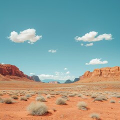 Fototapeta premium b'Arid desert landscape with red rocks and blue sky'
