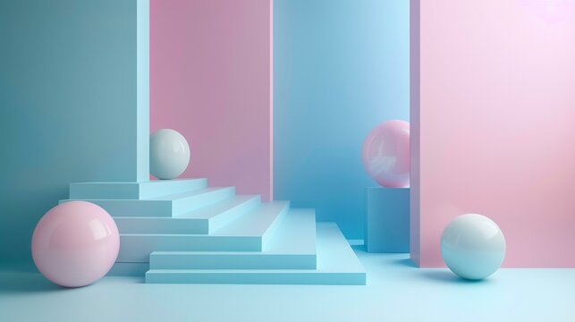 b'3D rendering of a blue and pink pastel colored room with balls and a staircase'