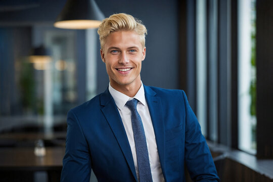 The businessman is a young man, blond with blue eyes, smiling. Portrait