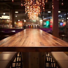 b'An empty wooden table in a restaurant with a blurred background of lights'